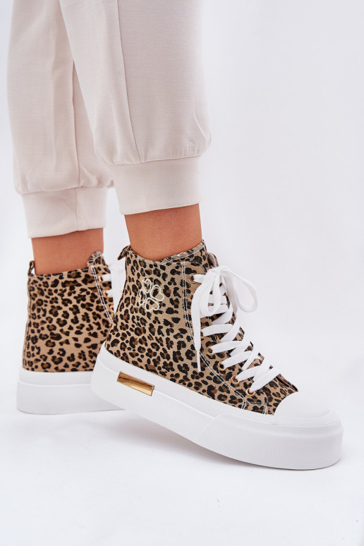 High Women Sneakers With Leopard Print On Platform Brown Laviriona