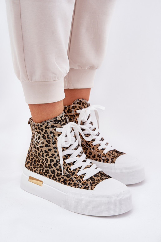 High Women Sneakers With Leopard Print On Platform Brown Laviriona