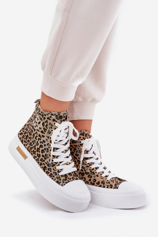 High Women Sneakers With Leopard Print On Platform Brown Laviriona