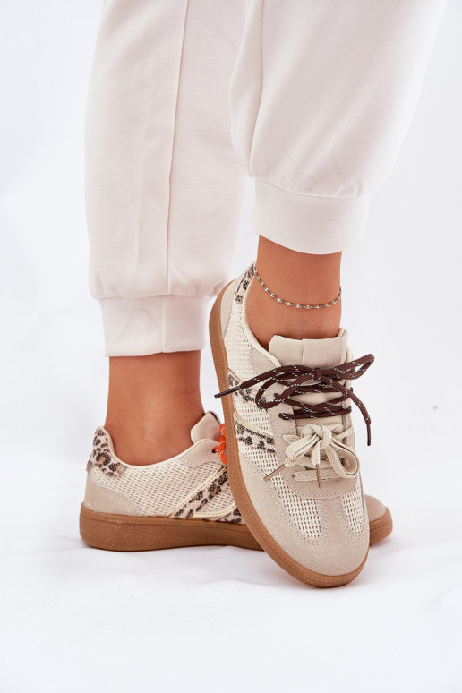 Women's Sneakers With Double Lacing Leopard Beige Ollabes Women's Sneakers With Double Lacing Leopard Beige Ollabes