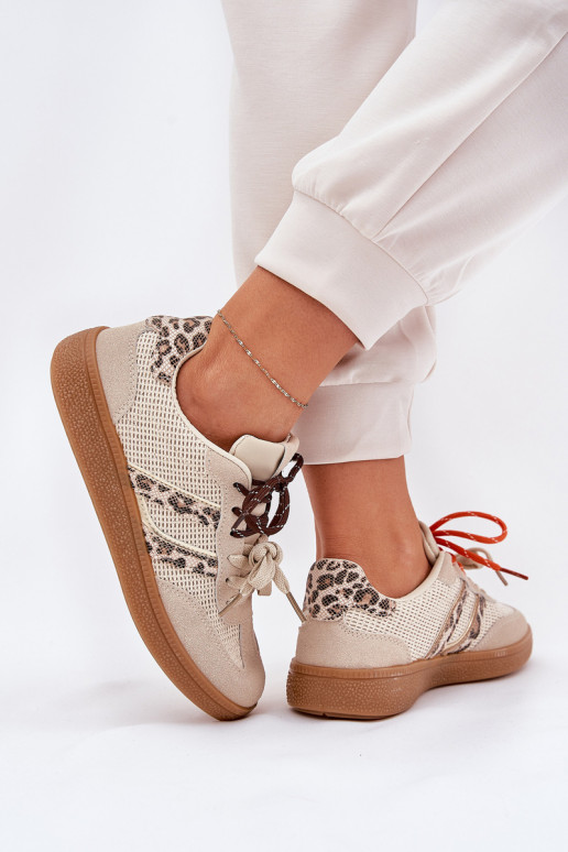 Women's Sneakers With Double Lacing Leopard Beige Ollabes Women's Sneakers With Double Lacing Leopard Beige Ollabes