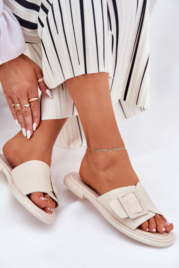 Leather Women's Slippers With Buckle D&A Beige SJ2302-01