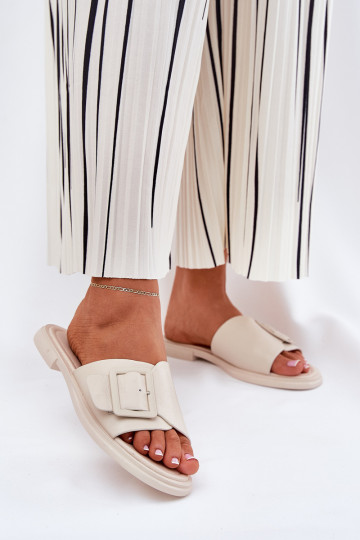 Leather Women's Slippers With Buckle D&A Beige SJ2302-01 2