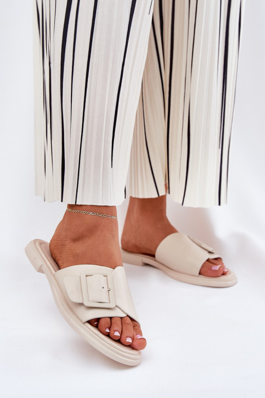 Leather Women's Slippers With Buckle D&A Beige SJ2302-01 Leather Women's Slippers With Buckle D&A Beige SJ2302-01