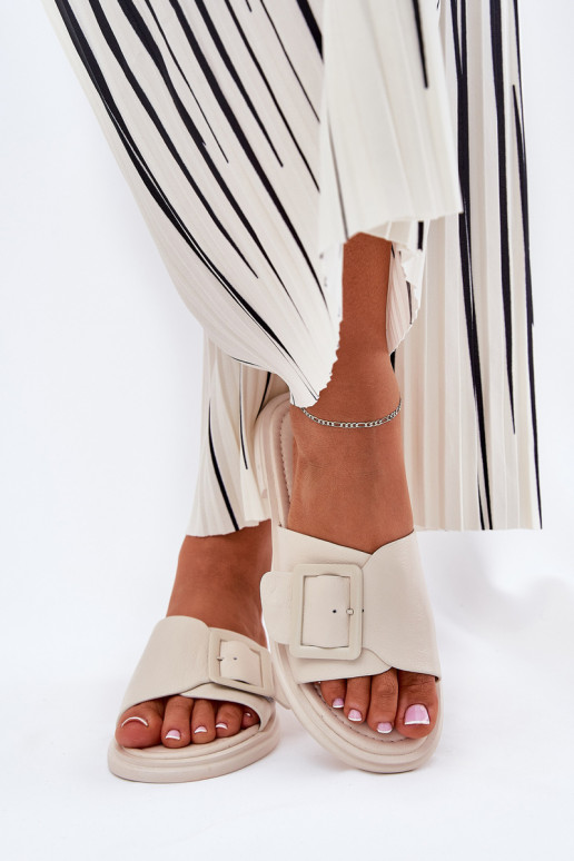 Leather Women's Slippers With Buckle D&A Beige SJ2302-01 Leather Women's Slippers With Buckle D&A Beige SJ2302-01