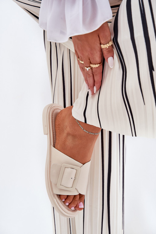 Leather Women's Slippers With Buckle D&A Beige SJ2302-01 Leather Women's Slippers With Buckle D&A Beige SJ2302-01