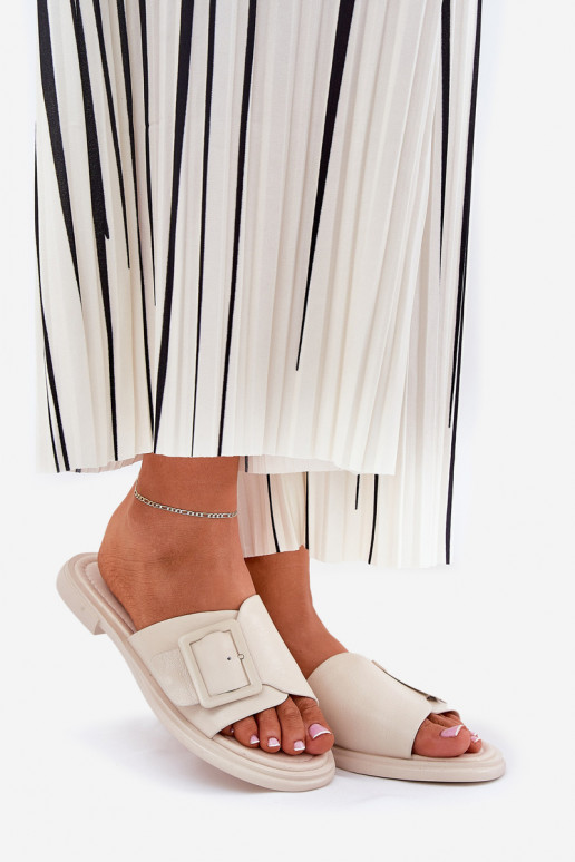 Skórzane Klapki Damskie Z Klamrą D&A SJ2302-01 Beżowe Skórzane Klapki Damskie Z Klamrą D&A SJ2302-01 Beżowe