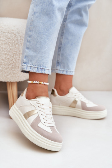 Eko Skórzane Sneakersy Damskie Na Platformie Beżowe Goriette 2
