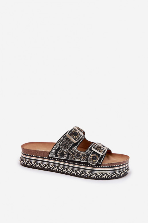 Slides with decoration and buckles on platform black Mellene