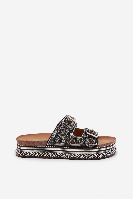 Slides with decoration and buckles on platform black Mellene