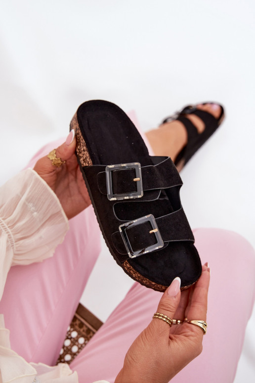 Klapki Damskie Z Klamrami Na Korkowej Podeszwie Czarne Sercele