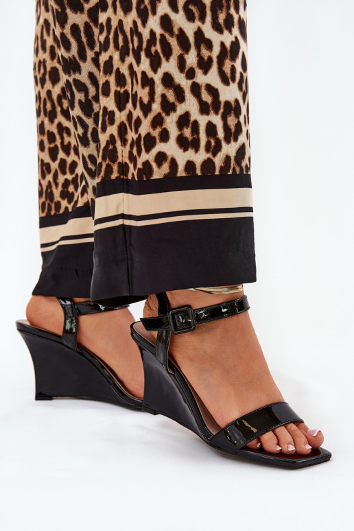 Lacquered Women's Wedge Sandals Black Vliraya Lacquered Women's Wedge Sandals Black Vliraya