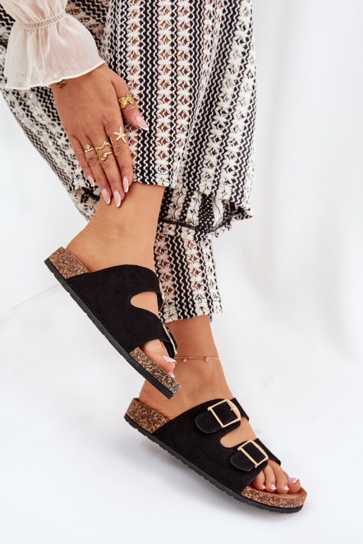 Women's sandals on cork platform with golden buckles black Lisavionea