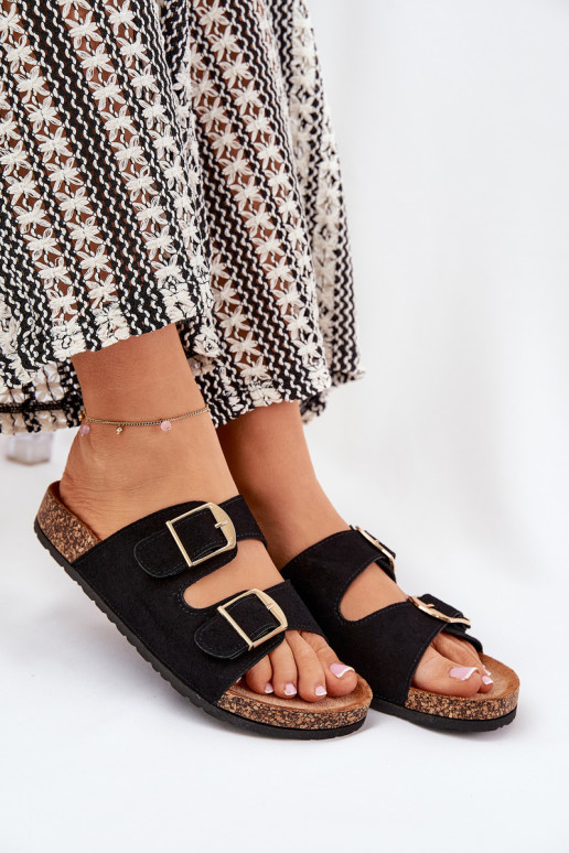 Women's sandals on cork platform with golden buckles black Lisavionea