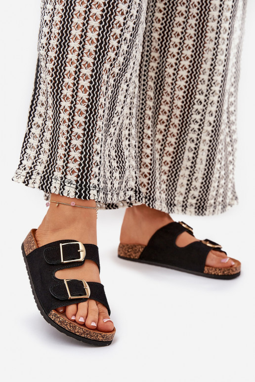 Women's sandals on cork platform with golden buckles black Lisavionea