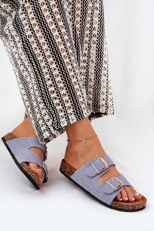 Womens Sandals On Cork Platform With Golden Buckles Blue Lisavionea