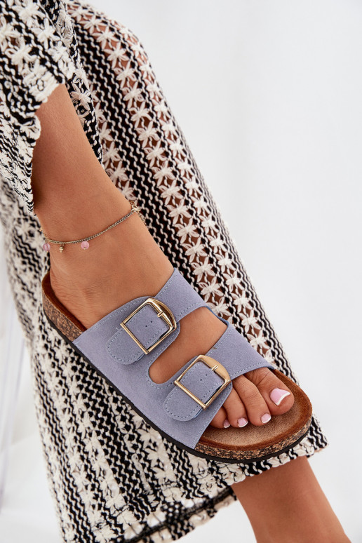 Womens Sandals On Cork Platform With Golden Buckles Blue Lisavionea