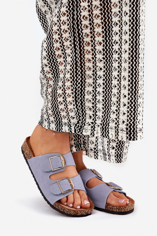 Womens Sandals On Cork Platform With Golden Buckles Blue Lisavionea