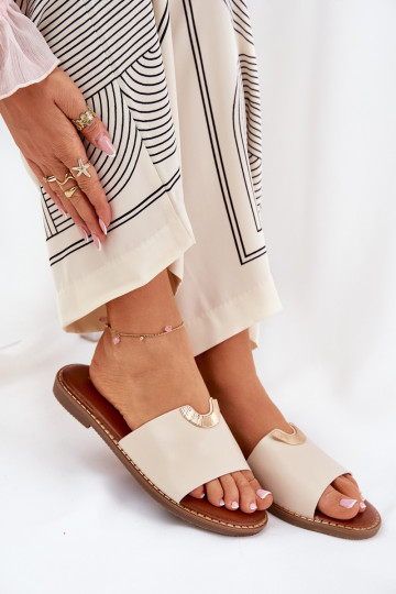 Ladies Eco Leather Slippers With Decorative Details Beige Mevith