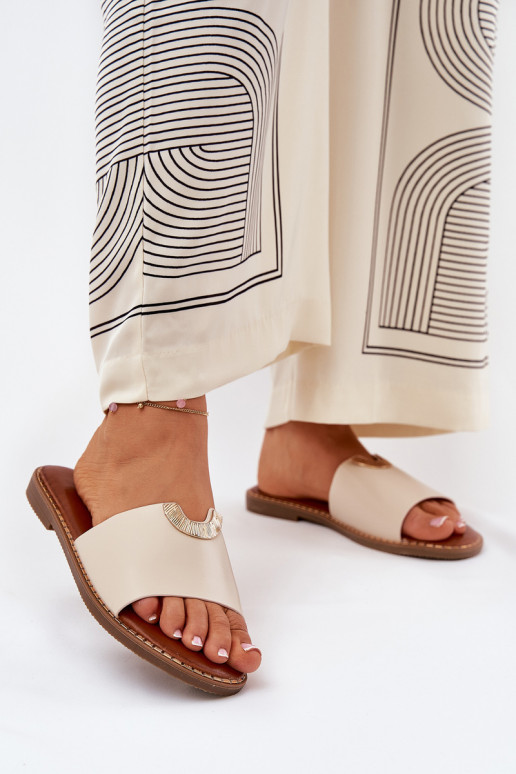 Ladies Eco Leather Slippers With Decorative Details Beige Mevith