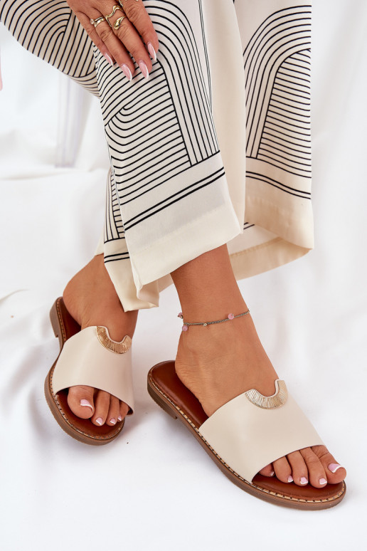 Ladies Eco Leather Slippers With Decorative Details Beige Mevith