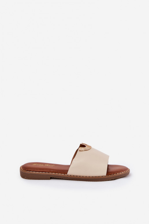 Ladies Eco Leather Slippers With Decorative Details Beige Mevith