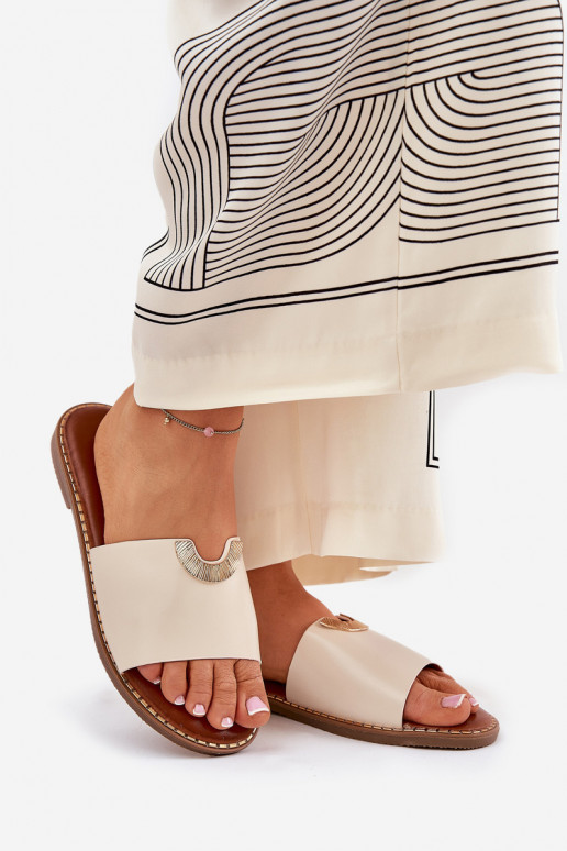 Ladies Eco Leather Slippers With Decorative Details Beige Mevith