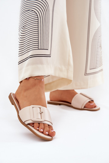 Flat Ladies Eco Leather Sandals With Buckle Beige Bamma