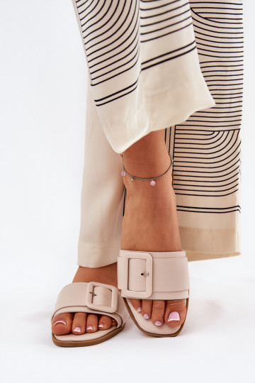 Flat Ladies Eco Leather Sandals With Buckle Beige Bamma 2