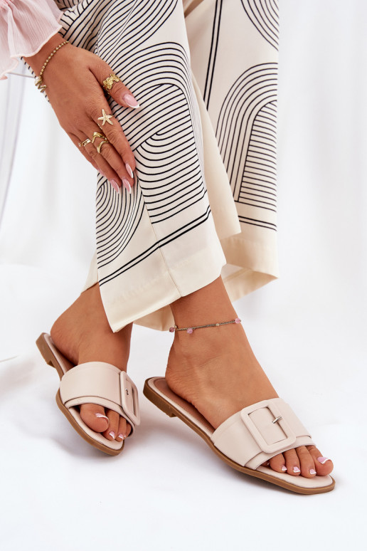 Flat Ladies Eco Leather Sandals With Buckle Beige Bamma