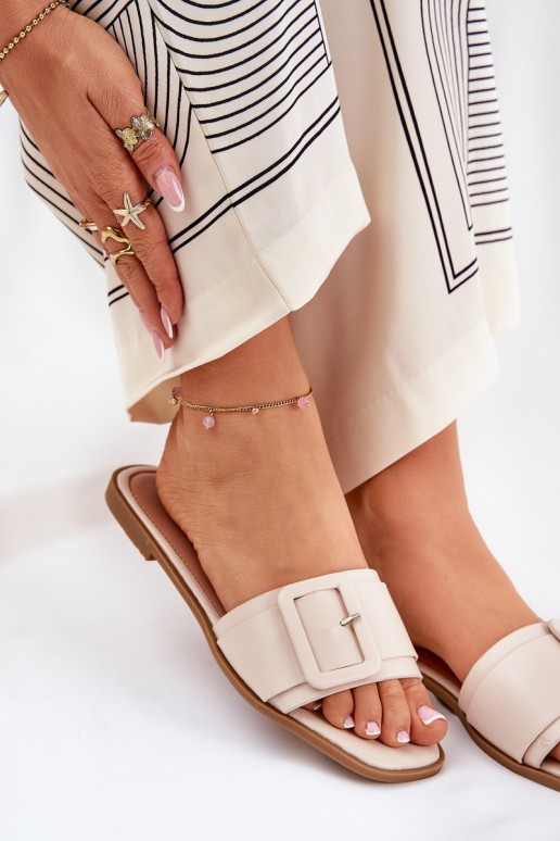 Flat Ladies Eco Leather Sandals With Buckle Beige Bamma