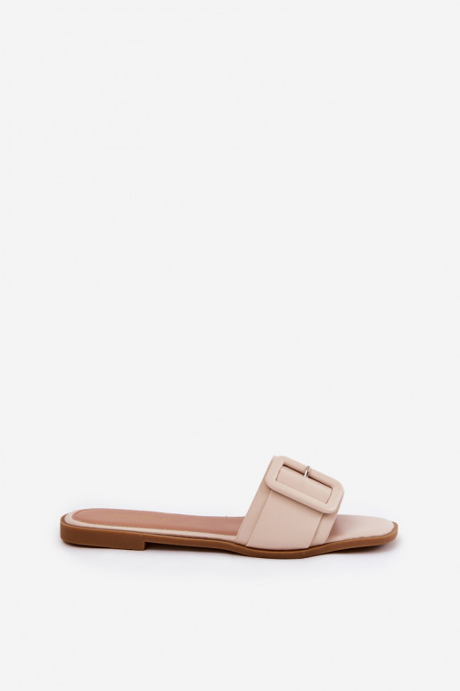 Flat Ladies Eco Leather Sandals With Buckle Beige Bamma