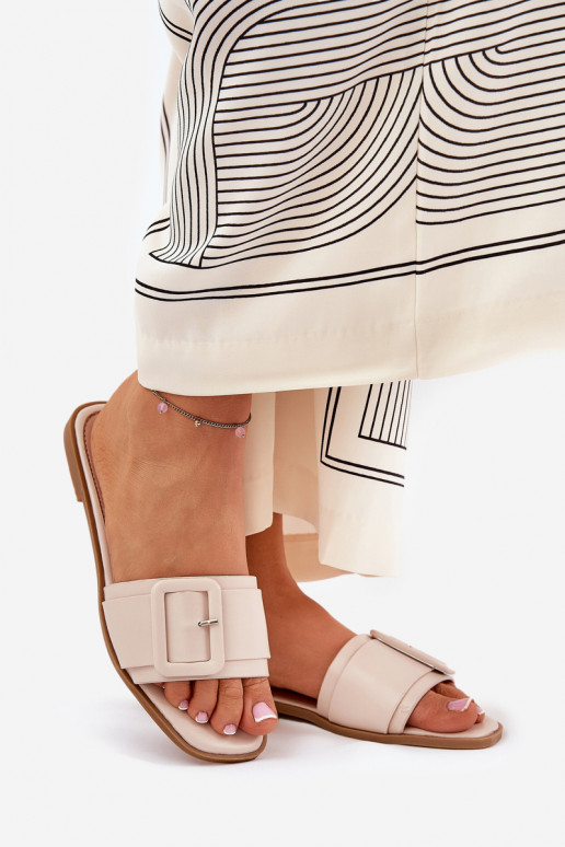 Flat Ladies Eco Leather Sandals With Buckle Beige Bamma
