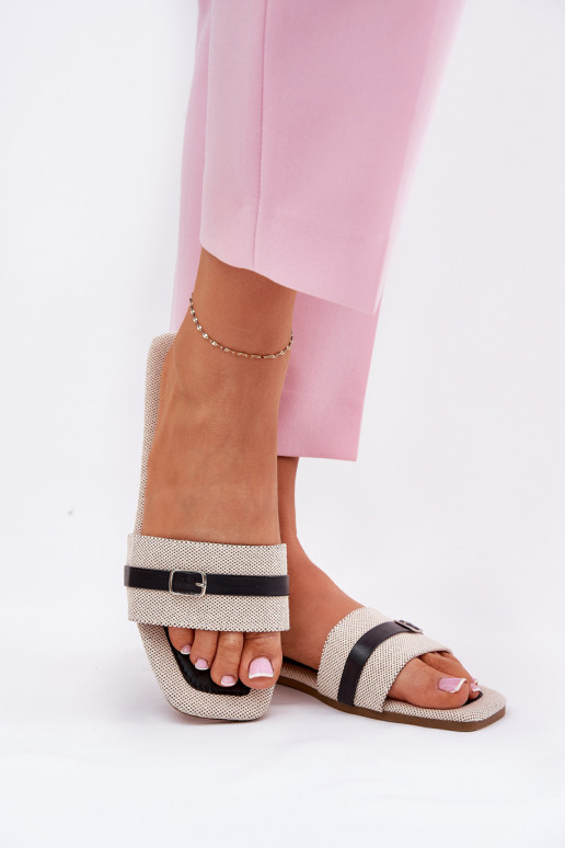 Płaskie Klapki Damskie Z Paskiem I Sprzączką Beżowo-Czarne Zilina