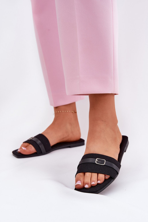 Flat Ladies Slippers With Strap And Buckle Black Zilina