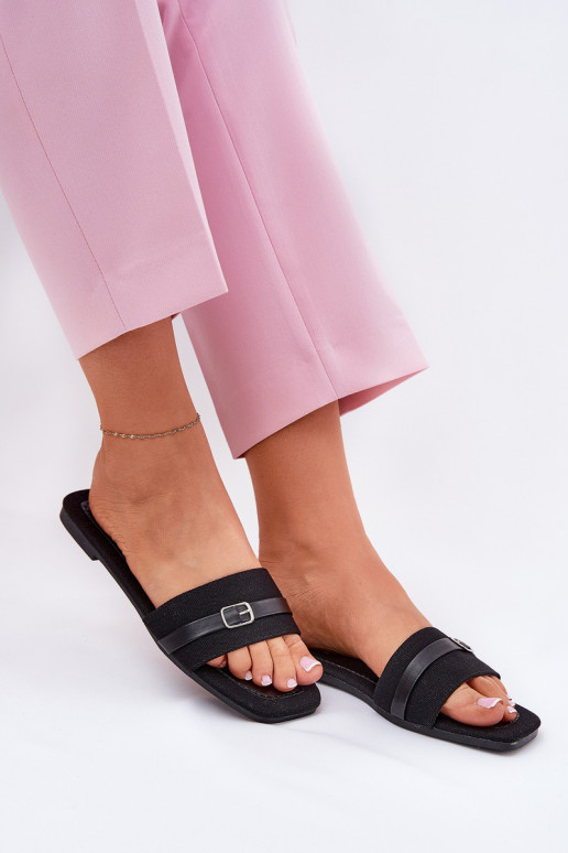 Flat Ladies Slippers With Strap And Buckle Black Zilina