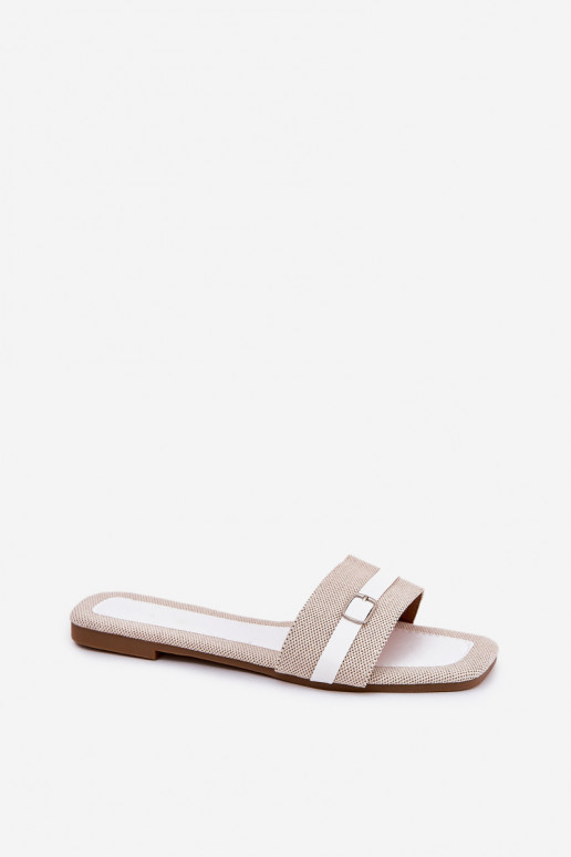 Flat Ladies Slippers With Strap And Buckle Beige-White Zilina
