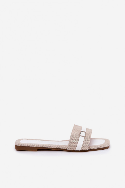 Płaskie Klapki Damskie Z Paskiem I Sprzączką Beżowo-Białe Zilina