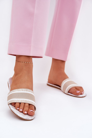 Patterned Flat Ladies Sandals Beige Leysi 2