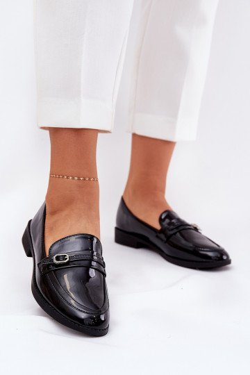 Lacquered Women's Loafers With Decorative Buckle Black Mollan