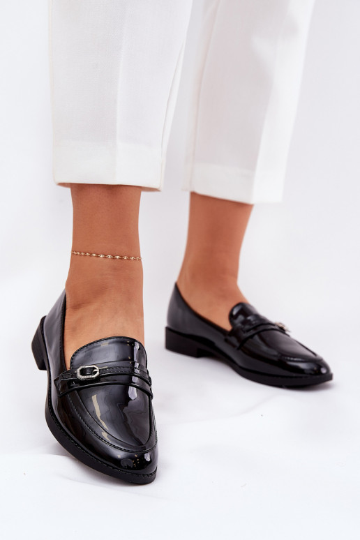 Lacquered Women's Loafers With Decorative Buckle Black Mollan