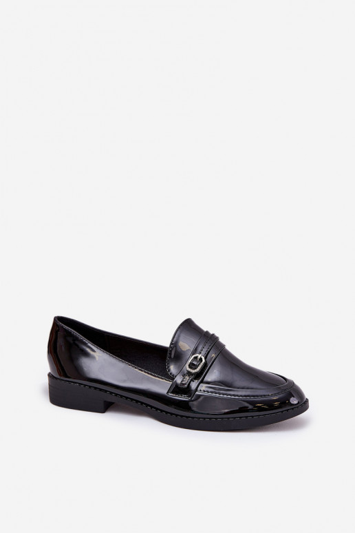 Lacquered Women's Loafers With Decorative Buckle Black Mollan