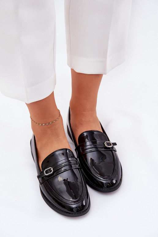 Lacquered Women's Loafers With Decorative Buckle Black Mollan