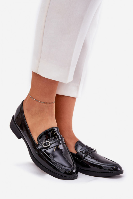 Lacquered Women's Loafers With Decorative Buckle Black Mollan