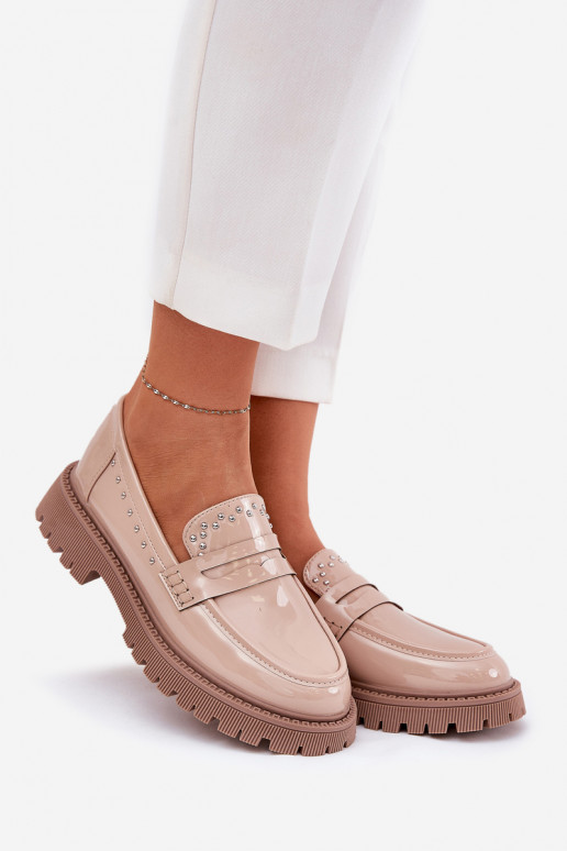 Mokasyny Damskie Lakierowane Ze Zdobieniem Beżowe Nallae