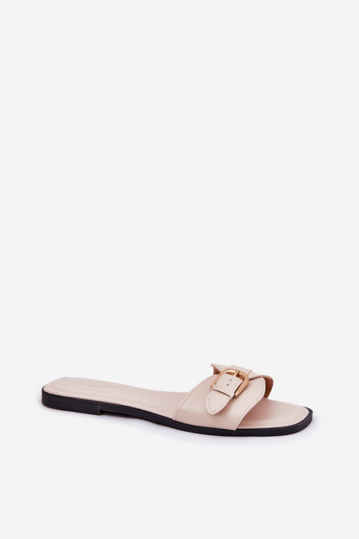 Flat Ladies Sandals With Golden Buckle Beige Esiobb