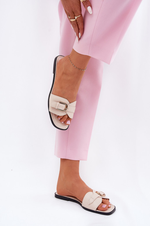 Flat Ladies Sandals With Golden Buckle Beige Esiobb