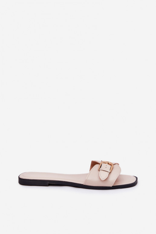 Flat Ladies Sandals With Golden Buckle Beige Esiobb