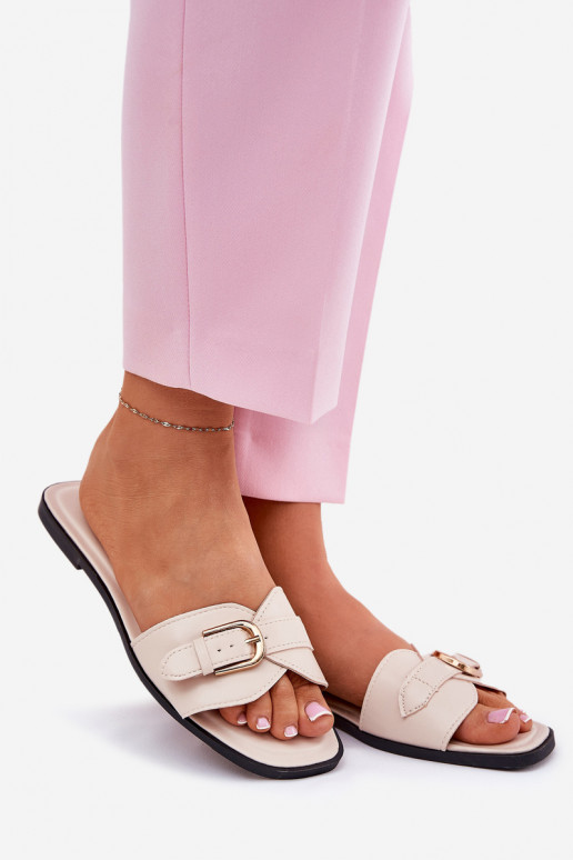 Flat Ladies Sandals With Golden Buckle Beige Esiobb