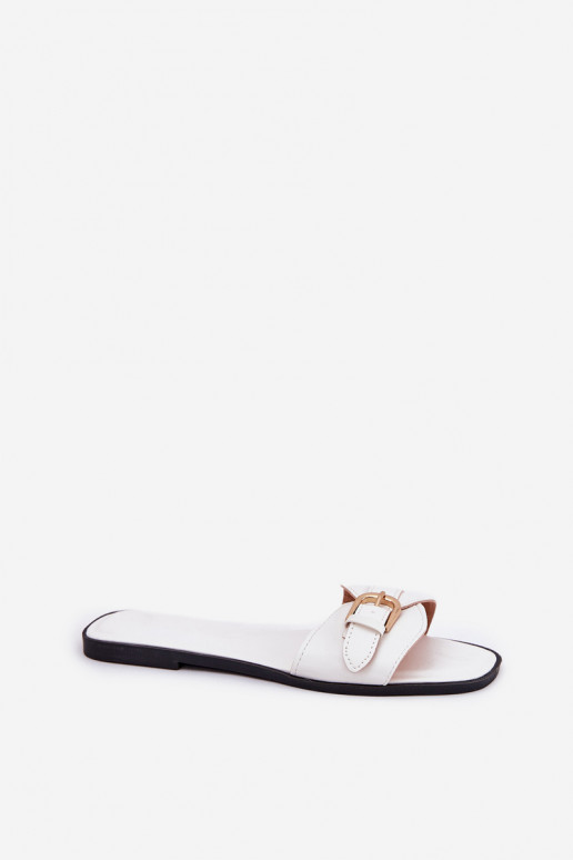 Flat Women's Sandals With Golden Buckle White Esiobb